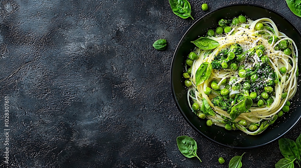 Poster pasta with green vegetables and creamy sauce in black bowl on grey stone background top view copy sp