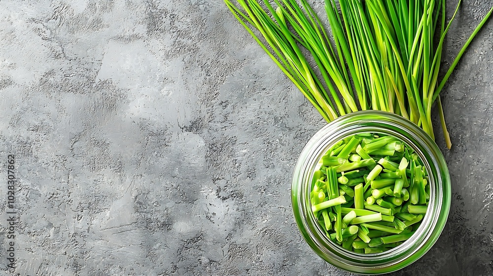 Poster lemongrass in a jar on grey stone background top view close up : generative ai