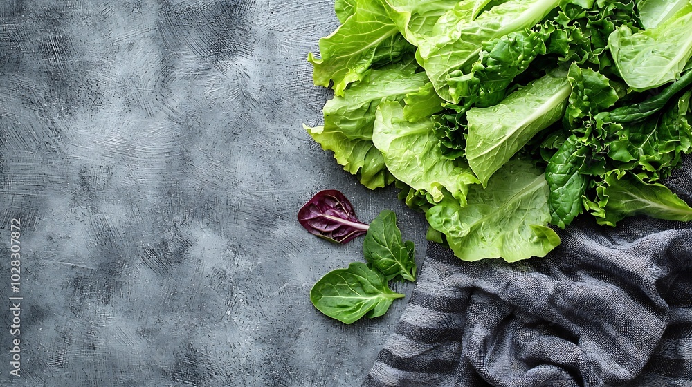 Poster romaine lettuce salad on grey textile background top view copy space : generative ai