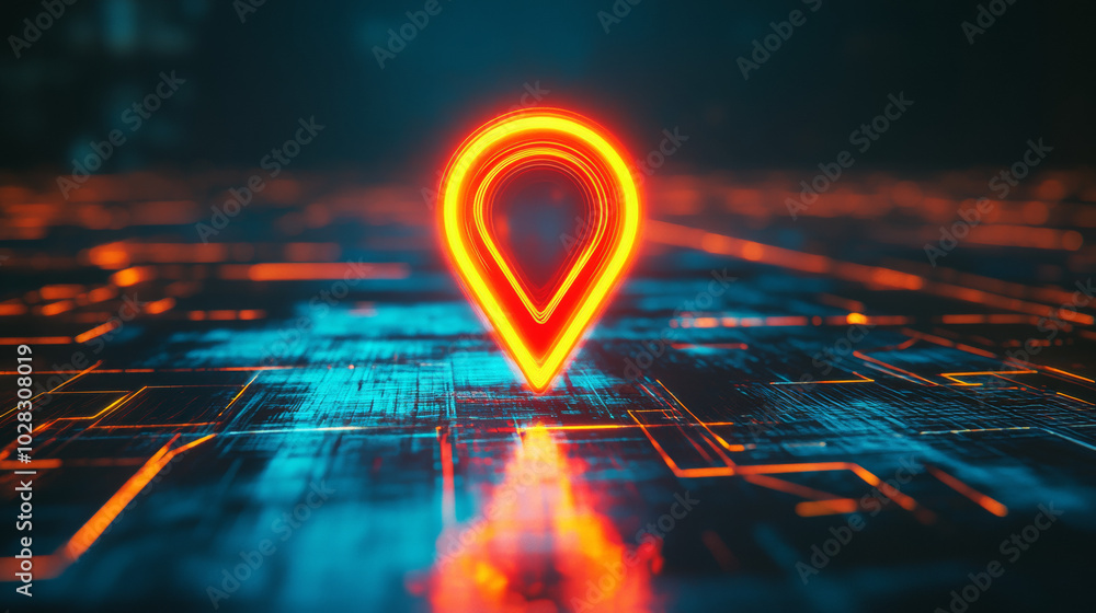 Poster a cool, retro-style icon showing a location marker. it's made with thin lines, like something from a