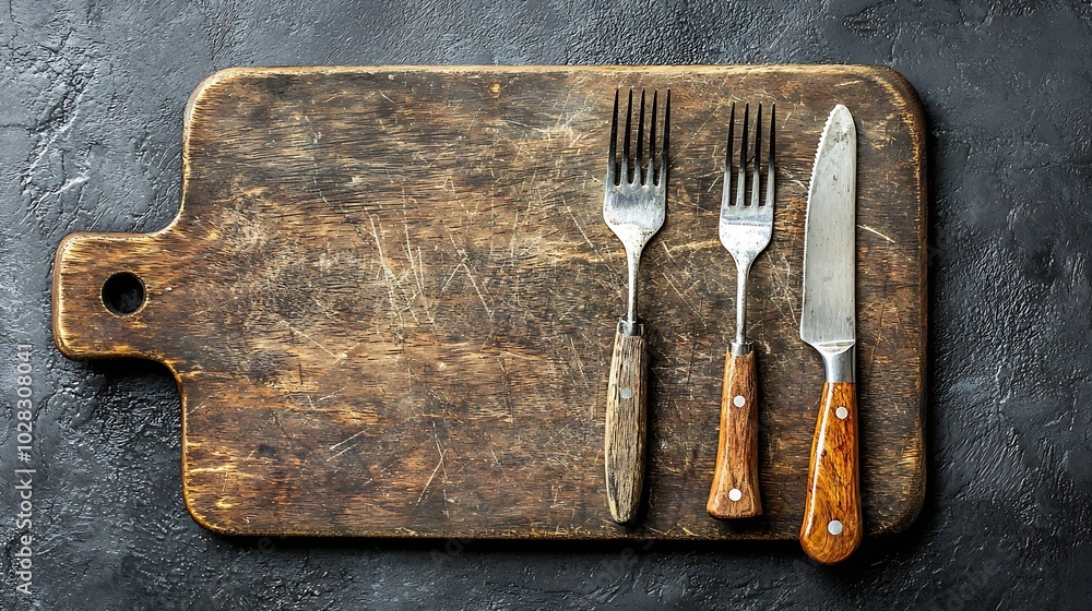 Poster cutting board with cutlery fork and knife grey background top view : generative ai