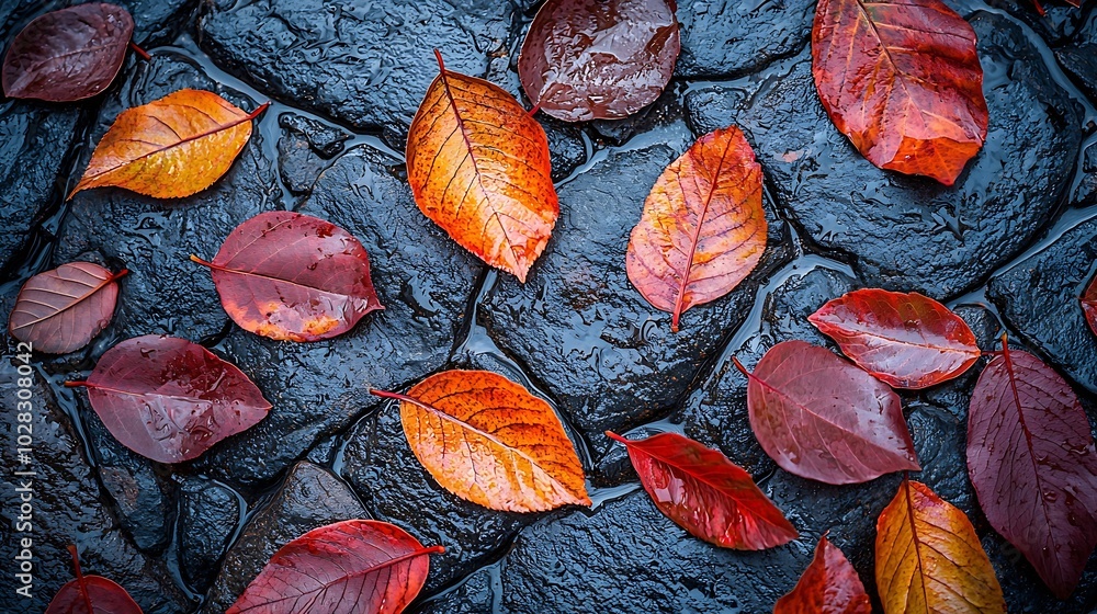 Poster colorful autumn leaves on a grey stone background top view copy space : generative ai