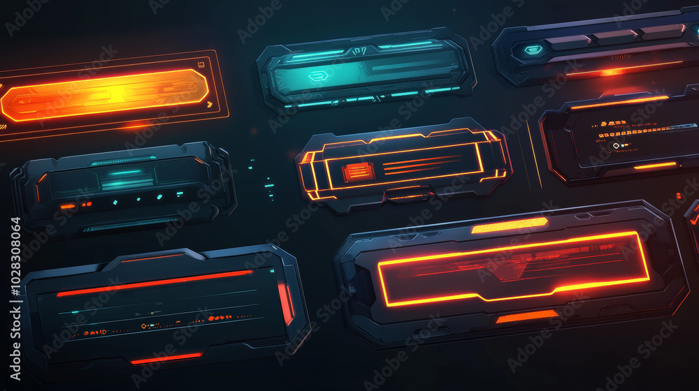 Poster modern, futuristic loading bar designs for games and tech interfaces.