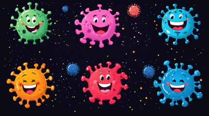 A collection of cute microorganisms, bacteria, and viruses with funny smiley faces. These cartoon characters include microbes, virus cells, bacillus shapes, and coronavirus pathogens, all designed wit