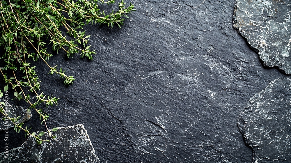 Poster Fresh thyme bunch on slate background Top view Copy space : Generative AI