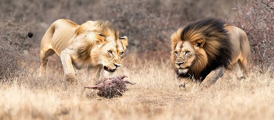 Obraz premium Two Majestic Lions Sharing a Prey in the Savanna