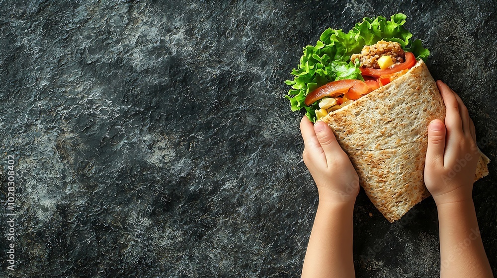 Aufkleber wrap sandwich in kids hands grey stone background top view copy space : generative ai