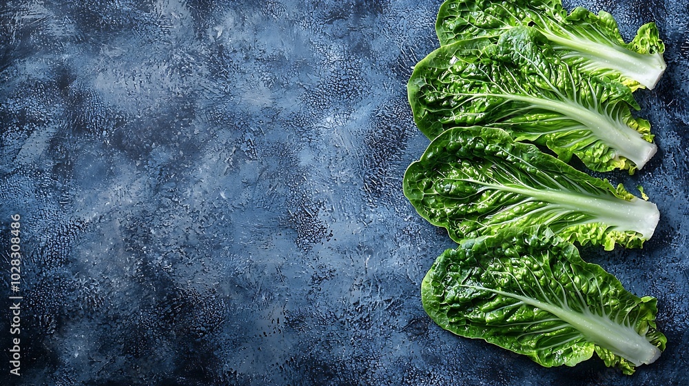 Poster romaine lettuce salad on blue table top view copy space : generative ai