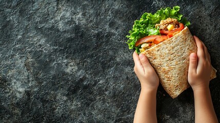 Wrap sandwich in kids hands Grey stone background Top view Copy space : Generative AI