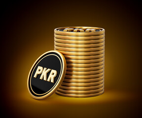 Stack Of Golden And Black Pakistani Rupee Coins Set On Shiny Golden Glow Background 3d Illustration