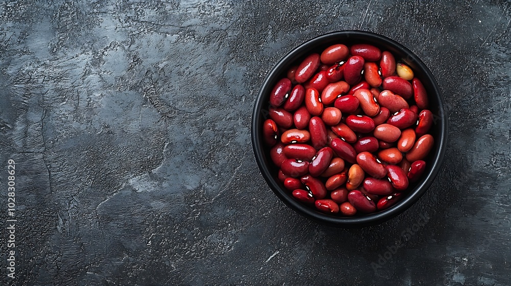 Poster red kidney beans in a black bowl on grey stone background copy space top view : generative ai
