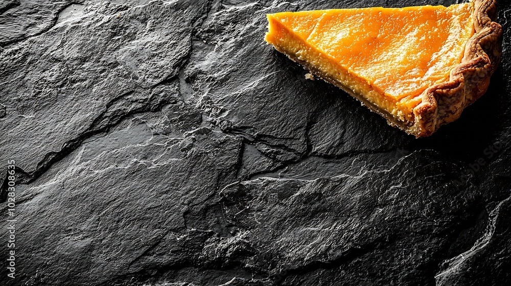 Poster Pumpkin pie piece Black slate background Copy space Top view : Generative AI