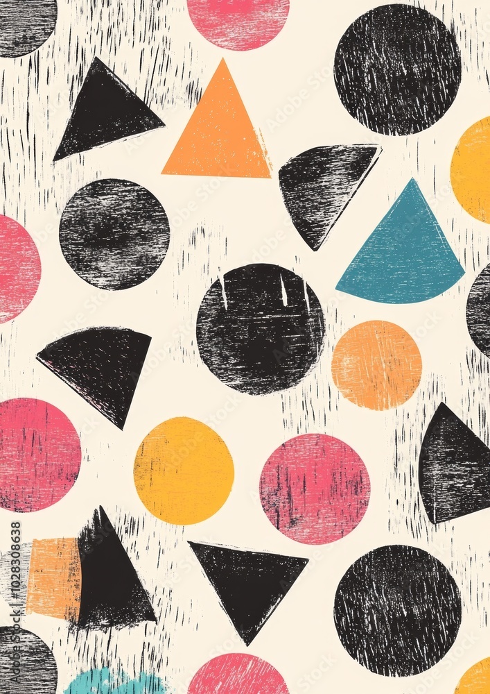Poster a colorful pattern of circles and triangles with a vintage feel