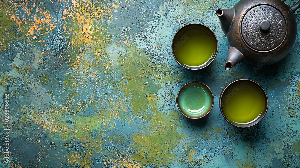 Poster green tea in tea pot and bowls cups on slate background top view : generative ai