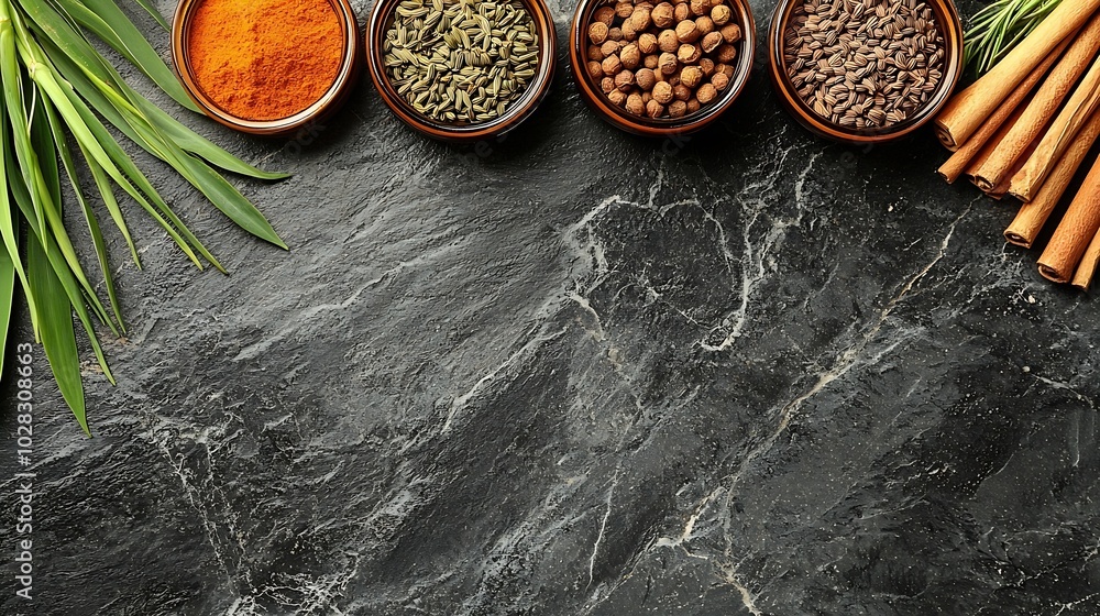 Poster spices in jars lemongrass fenugreek cumin seeds slate background top view copy space : generative ai