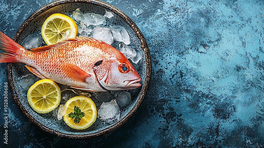Poster dorado raw fish on a plate with ice and lemon black slate background top view : generative ai