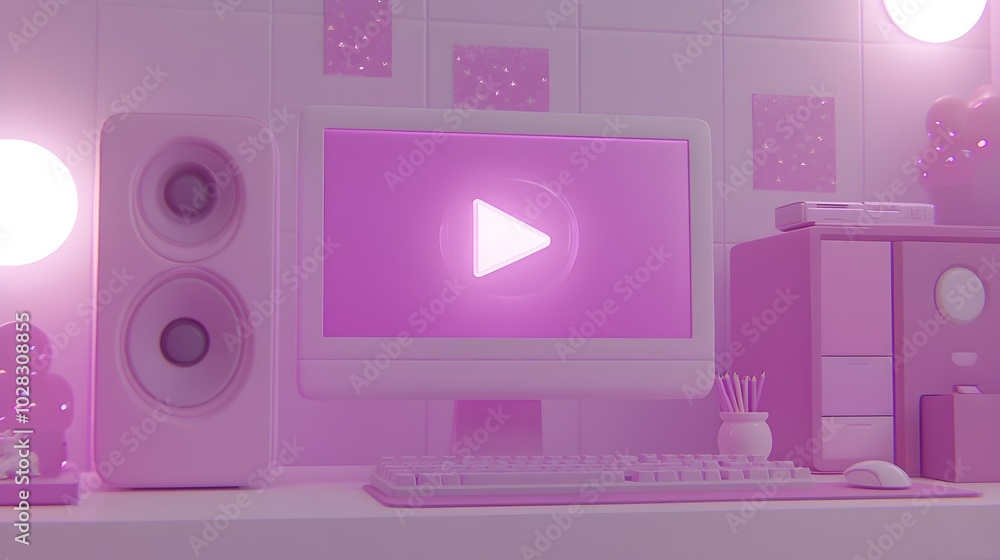 Poster Modern Digital Interface with Computer Monitor,Video File,and File Icon in Cartoon Style 3D Realism