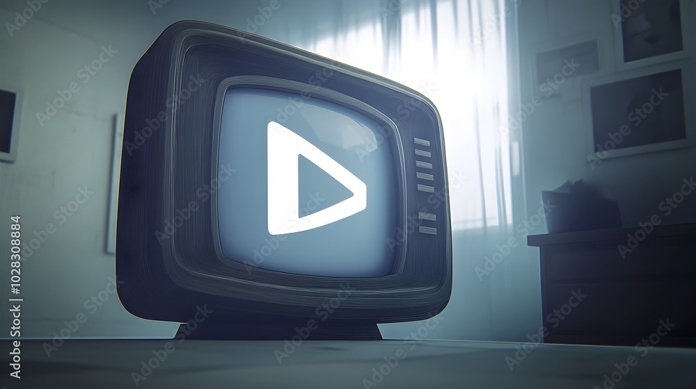 Poster retro-styled monitor with video and file icons on white background