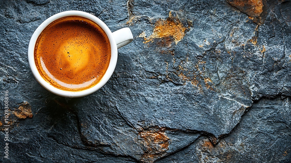 Poster coffee espresso in white cup on black slate background top view copy space : generative ai
