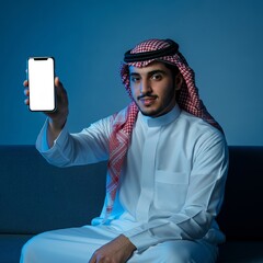 Young Arab muslim man in traditional clothes showing mobile phone isolated on home and sitting on sofa with blue colors.
