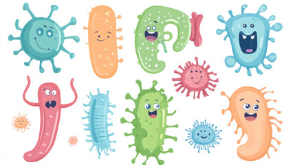 A cute set of bacteria, germ, and virus characters, isolated on a white background. This vector cartoon collection features funny microorganisms, including bacteria, with faces and flagella.



