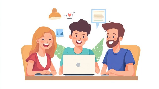 Training, laugh and team of business people on laptop for advice, help or feedback at creative startup. Smile, internship and coaching new employee on computer, learning or teaching writer funny joke
