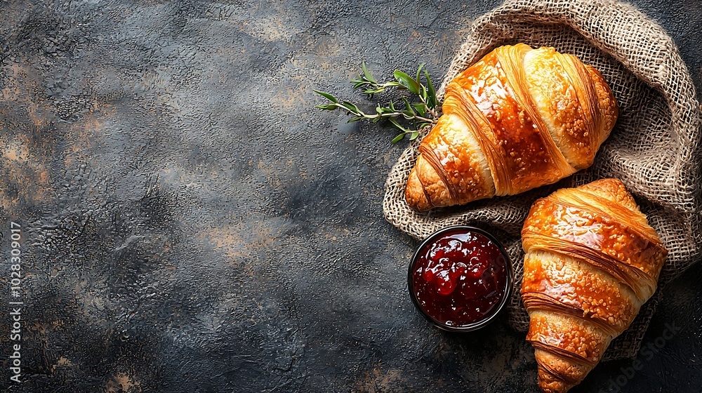 Poster croissant with coffee jam and butter continental breakfast concept top view : generative ai