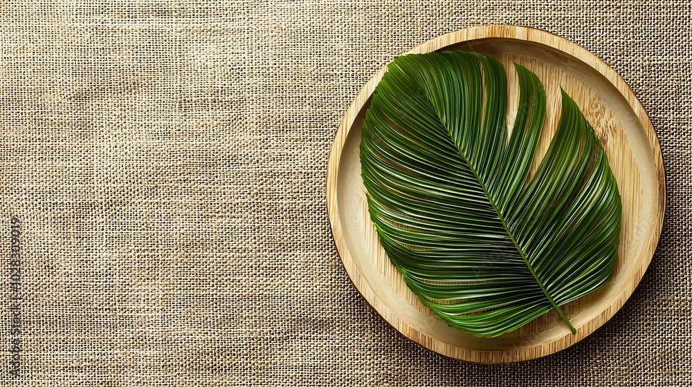 Poster wooden plate with palm leaf on natural linen textile background copy space top view : generative ai