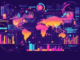 Obraz premium Global economy system with inflation data, neon trend network, digital program activities, flat design illustration