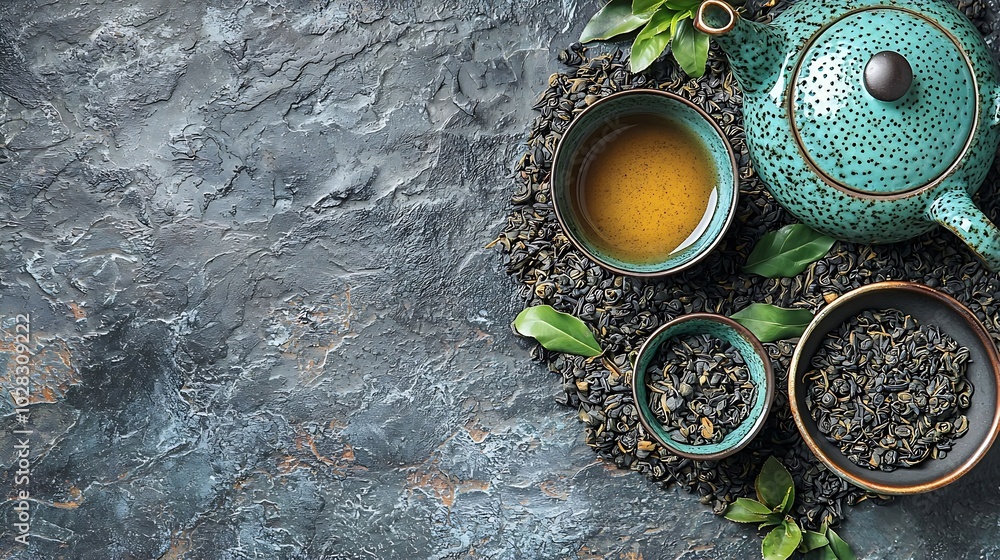 Poster green tea in tea pot and bowls cups on slate background top view : generative ai