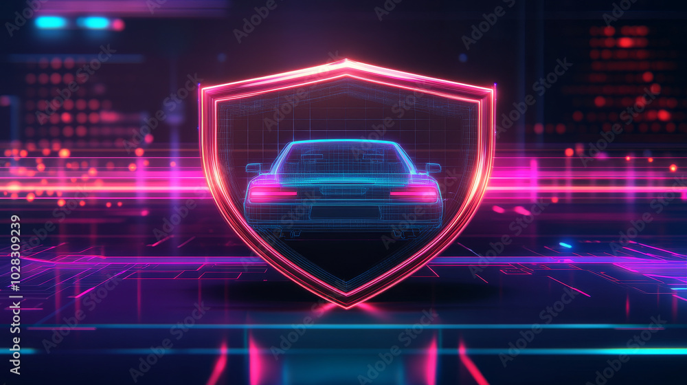 Poster a car with a glitch effect is outlined on a shield, creating a simple icon. it symbolizes vehicle pr