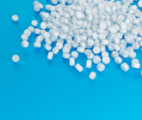 Collection Of White PVC Plastic Polymer Pellets Or Beads Isolated On Blue Background 3d Illustration