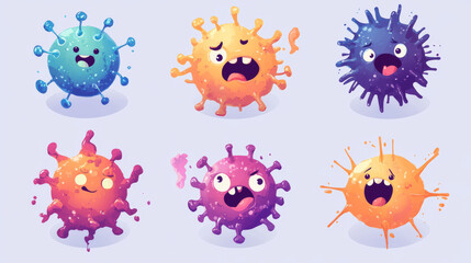Obraz premium A set of humorous, round bacteria or virus illustrations, in a playful vector style.