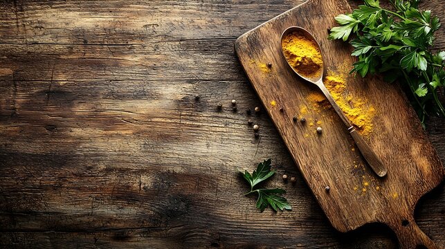 Wooden cutting board and spoon with spices cumin carry turmeric coriander seeds on a old wooden table Background text copy space : Generative AI - Powered by Adobe