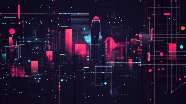 Neon digital economy system, global inflation effects, networked program activities, flat design illustration
