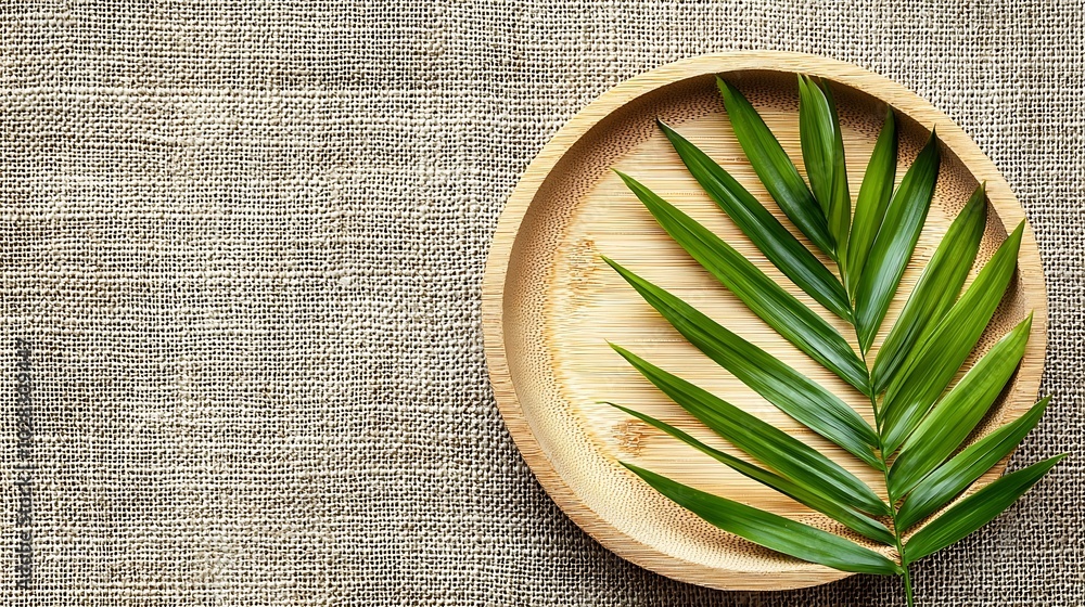 Poster wooden plate with palm leaf on natural linen textile background copy space top view : generative ai