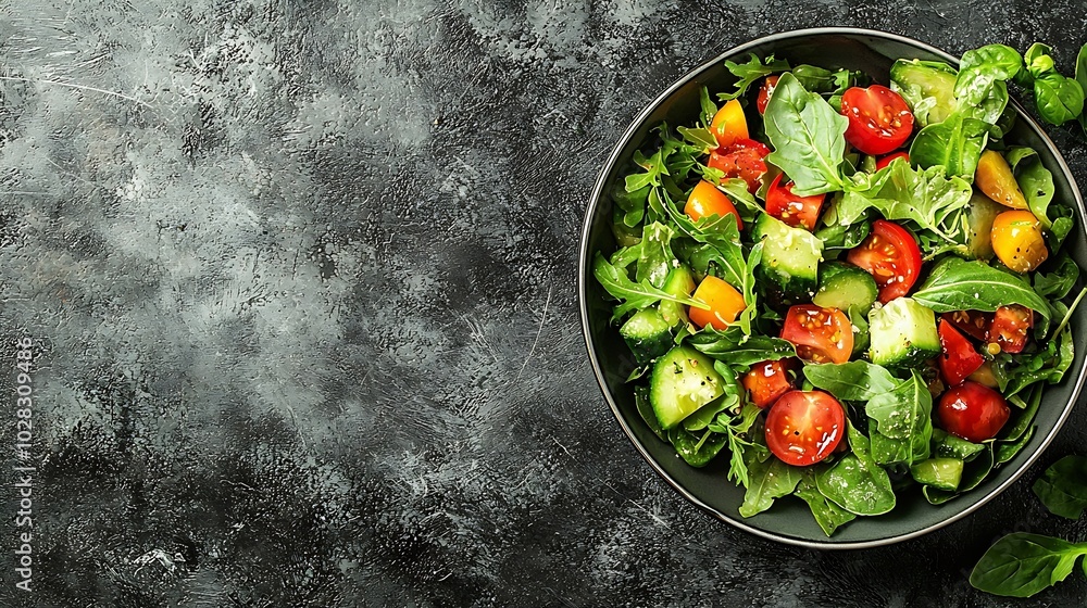 Poster lentil salad with vegetables in bowl grey background top view : generative ai