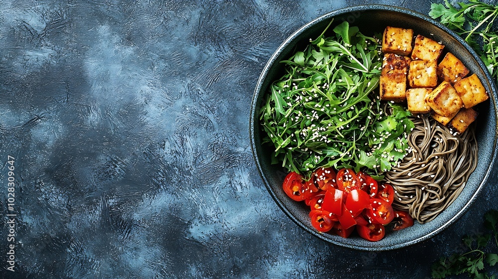 Aufkleber Soba noodles with vegetables and fried tofu in a bowl Copy space Grey background : Generative AI