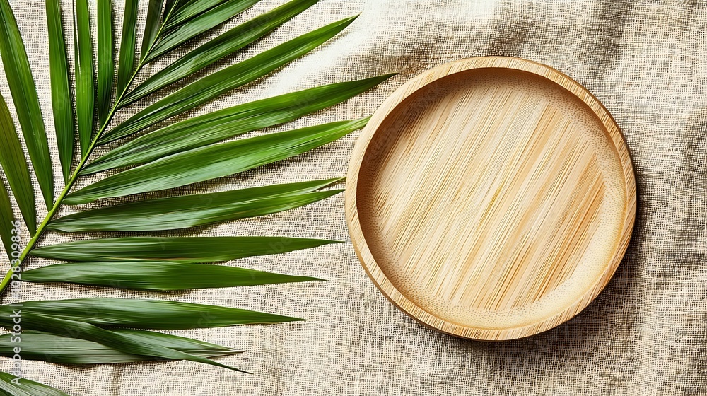 Aufkleber wooden plate with palm leaf on natural linen textile background copy space top view : generative ai