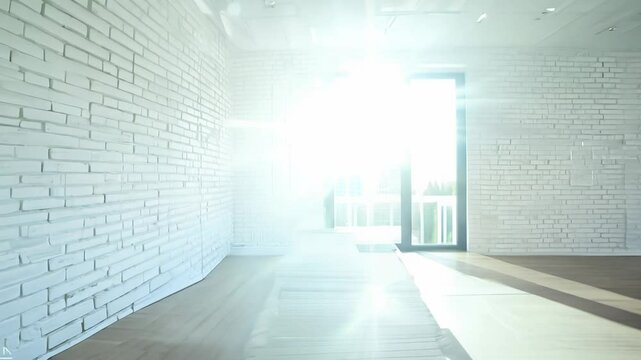 Camera pans through a bright, airy loft with white brick walls and oversized windows. high key lighting enhances the sense of space