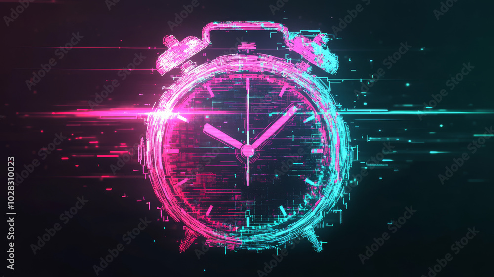 Poster a digital clock icon with a glitch effect. it's a simple outline drawing of a stopwatch, designed in