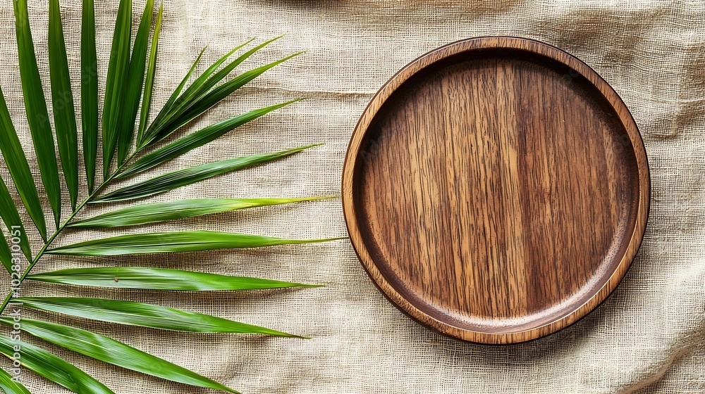 Poster Wooden plate with palm leaf on natural linen textile background Copy space Top view : Generative AI