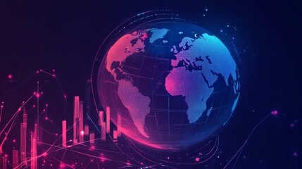 Global economy under inflation pressure, neon digital network, business program activities, flat design illustration