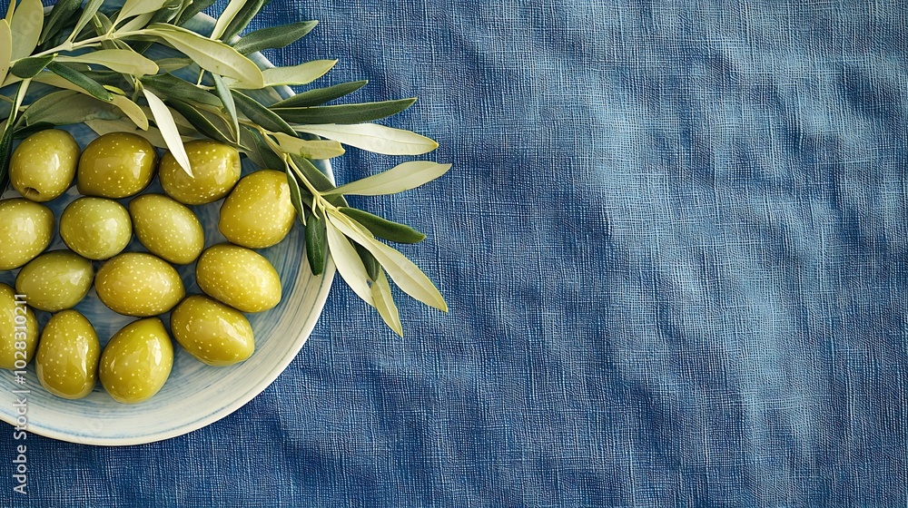 Aufkleber assortment of fresh olives on a plate with olive tree brunches blue textile background copy space to