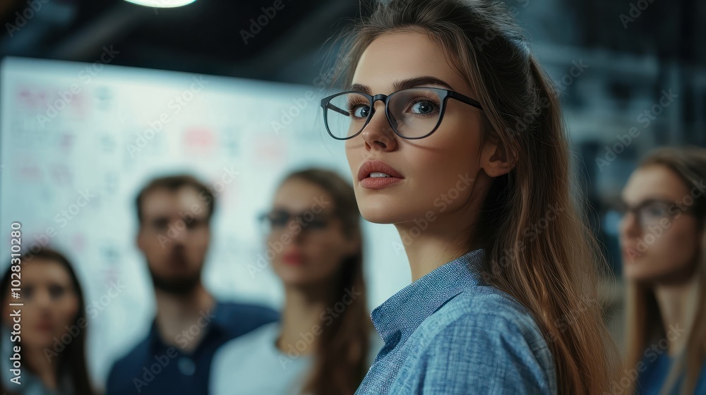 Wall mural Young smart lady in glasses is reporting to the team of colleagues about the new project at the meeting with the white board. Workers are listening to her, all dressed in casual outfits