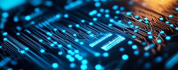 Blockchain financial hub, cyberpunk background, blue neon data points, digital transformation