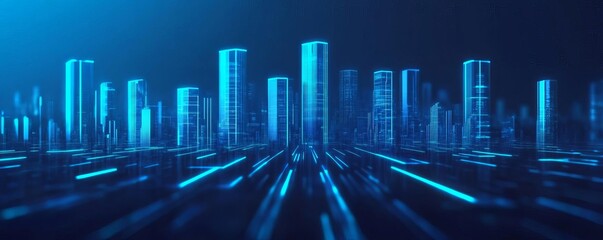 Blockchain futuristic innovation, holographic blue accents, tech-inspired cityscape
