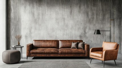 3D rendering of a modern interior design with a gray concrete wall, brown leather sofa and armchair in the living room background
