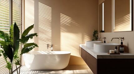 Fototapeta premium A bathroom with Swiss coffee colored walls marble countertops and sleek chrome fixtures creating a bright and elegant atmosphere.