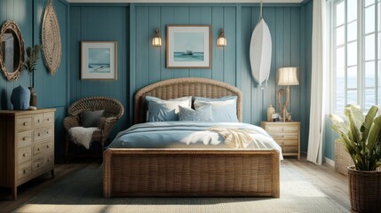 A bedroom featuring blue walls and a wicker bed, embodying a coastal theme with nautical touches, A beachy bedroom with nautical touches, a breezy color scheme, and rattan furniture